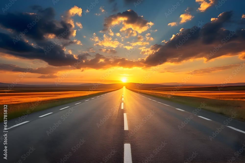 An Empty Asphalt Road Beneath a Stunning Sunset Sky, Offering a Panoramic View of Nature's Beauty