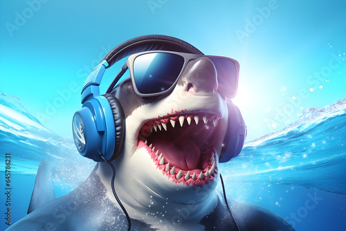Shark DJ A Music-Spinning Shark Sporting Sunglasses and Headphones Against a Blue Ocean Background photo