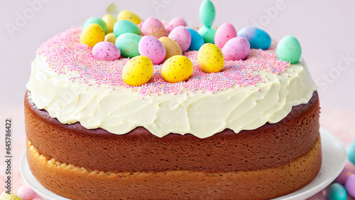 Colorful birthday cake with sweets and chocolate on a plain background.