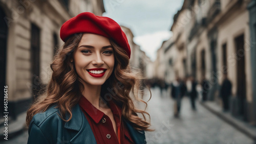 A smiling girl in a red beret walks around Paris. Painting. Generative AI.