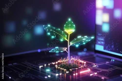 Glowing plant growing on computer chip representing digital ecology business and blurred background