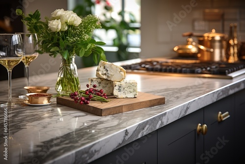 A beautiful closeup of a custom designed kitchen, with marble looking quartz countertop and backsplash. Decorated by marble cheese board and little indoor planter