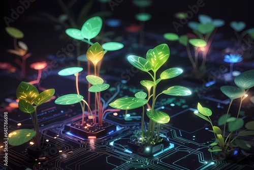 Glowing plant growing on computer chip representing digital ecology business and blurred background