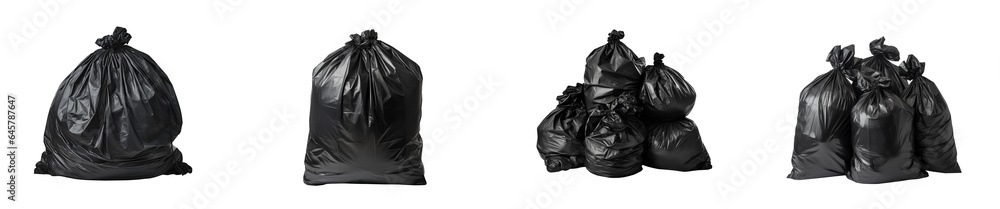 Set of black garbage bags. Isolated on Transparent background.


