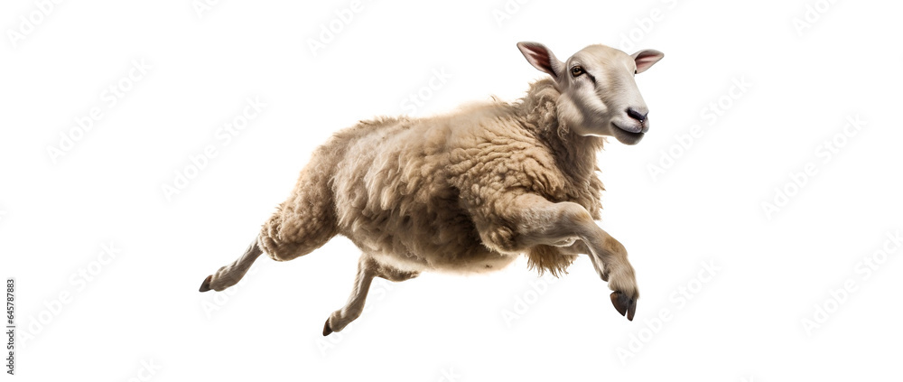 Fototapeta premium Happy white sheep jumping. Side View. Isolated on Transparent background.