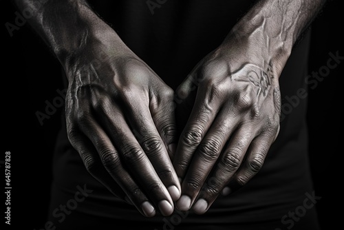 Close up of male hands. Black and white