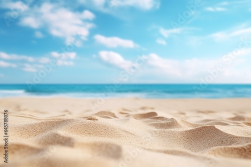Close up sand with blurred sea sky background, summer day, copy space or for product. Summer background concept