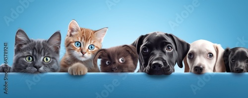 Dogs and Cats, peeking over the clear solid blue top line, petshop banner, happy, smile, funny. Generative AI image weber. © Summit Art Creations