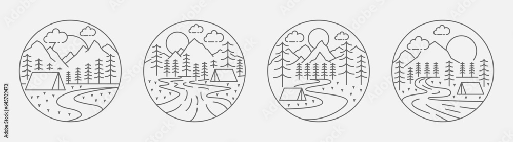 Collection of camping and mountain illustration with monoline or line art style, design can be for t-shirts, wrapping paper, printing needs