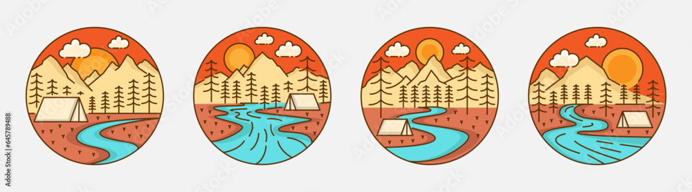 Collection of camping and mountain illustration with monoline or line art style, design can be for t-shirts, wrapping paper, printing needs