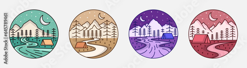 Collection of camping and mountain illustration with monoline or line art style, design can be for t-shirts, wrapping paper, printing needs