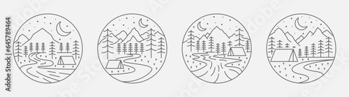 Collection of camping and mountain illustration with monoline or line art style, design can be for t-shirts, wrapping paper, printing needs
