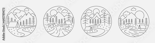 Collection of camping and mountain illustration with monoline or line art style, design can be for t-shirts, wrapping paper, printing needs