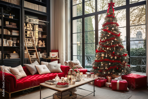 Christmas Home Interior with festive Christmas tree and gift boxes. Cozy living room with high window