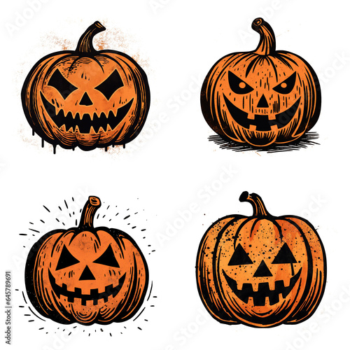 Orange Scary Halloween Jack’O’Lantern Pumpkins Block Print Illustration