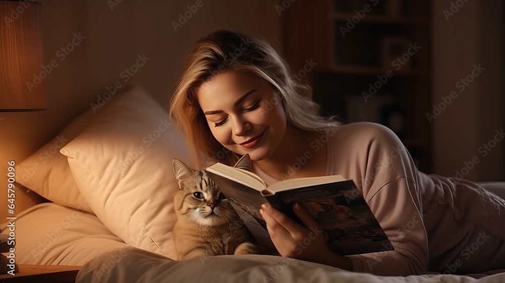Beautiful happy woman read book with cat in bed Beautiful happy woman read book with cat in bed