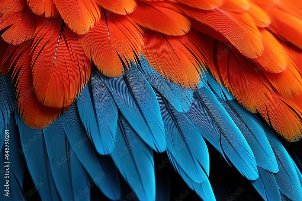 Obraz premium Colorful of Scarlet macaw bird's feathers with red yellow orange and blue shades, exotic nature background and texture