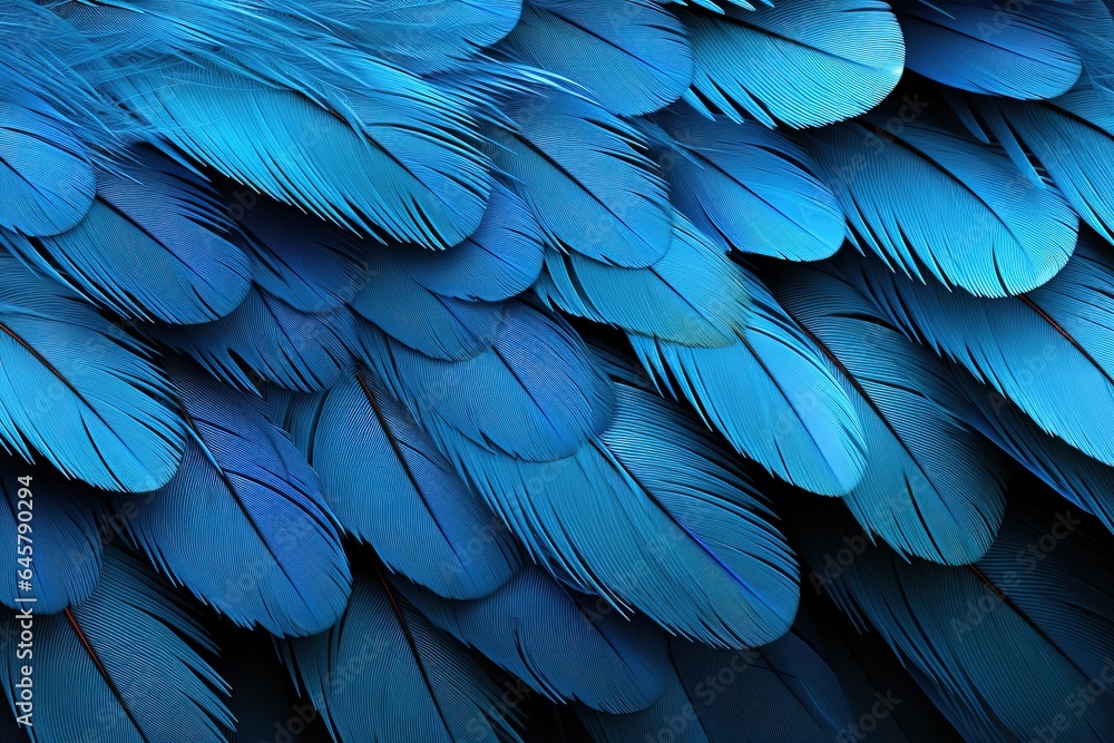 Fototapeta premium Colorful of Scarlet macaw bird's feathers with red yellow orange and blue shades, exotic nature background and texture