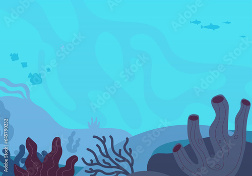 Underwater background. Blue water with marine fauna and corals