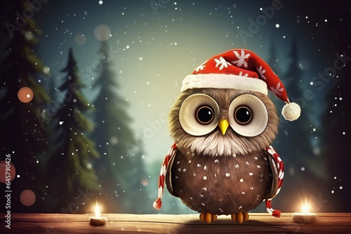 Christmas Background with owl Christmas on gren background. Winter holiday season. Christmas, New Year. Christmas promo banner. Festive concept.