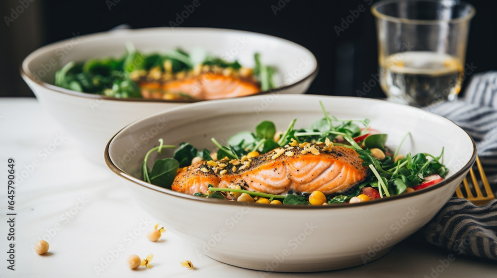 Salmon with Chickpeas and Arugula in White Ceramic