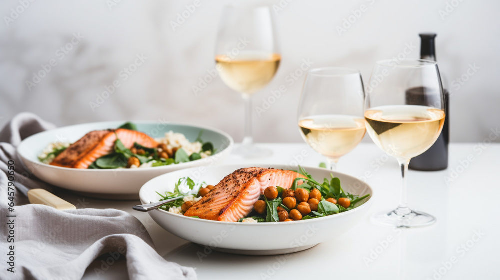 Salmon with Chickpeas and Arugula in White Ceramic