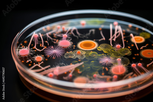Bacteria and fungi growing in a petri dishes on black background. Generative AI photo