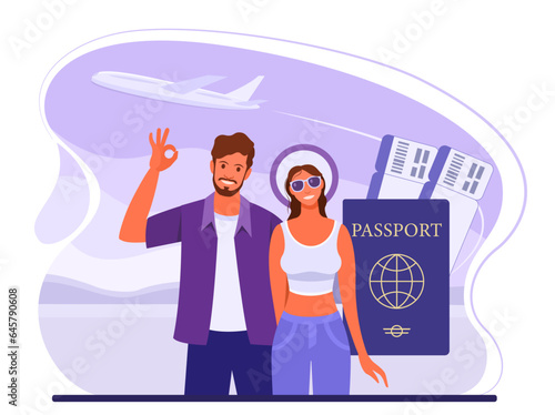Family, man and woman travel with passport and plane tickets. Concept for vacation trip, tourism, travel, airplane flights. Vector flat illustration in blue and purple color.