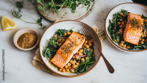 Salmon with Chickpeas and Arugula in White Ceramic