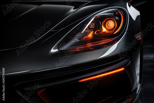 Detail on one of the LED headlights super car on black background, free space on right side for text photo
