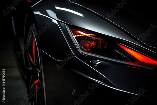 Detail on one of the LED headlights super car on black background, free space on right side for text, Sports car close up © Parvez