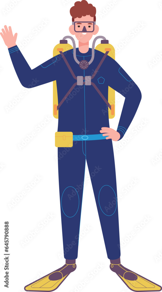 Smiling scuba diver character. Happy man standing Smiling scuba diver character. Happy man standing
