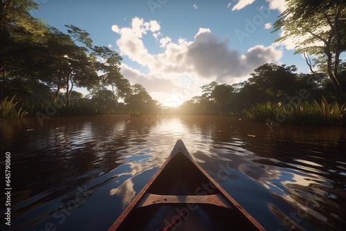 Sailing in a boat through the flooded forest in Amazon. View from the boat at Amazon river, with a dense forest on the shore and blue sky. POV wooden boat. Generative AI © Dmytro