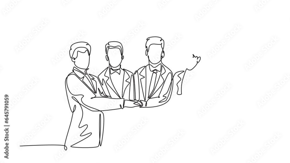 Self drawing animation of single line draw happy businessmen and business women handshaking each other. Great teamwork commitment. Business deal concept. Continuous line draw. Full length animated Self drawing animation of single line draw happy businessmen and business women handshaking each other. Great teamwork commitment. Business deal concept. Continuous line draw. Full length animated
