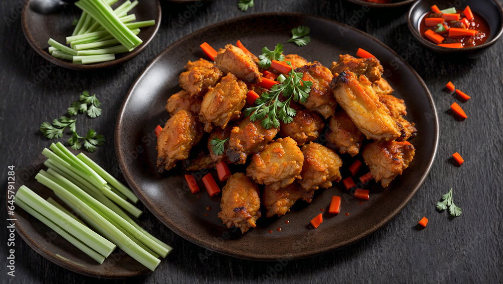 Juicy fried buffalo wings on a dark background