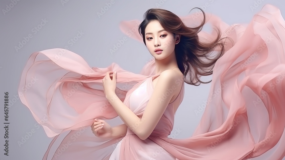 Beautiful Japanese model in flying dress, luxury theme Beautiful Japanese model in flying dress, luxury theme