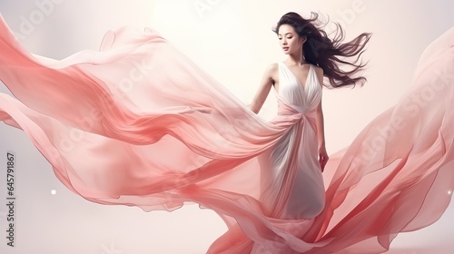 Beautiful Japanese model in flying dress, luxury theme