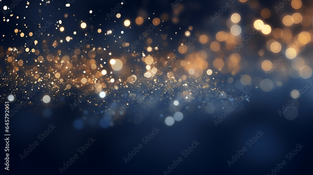 Festive Beautiful Navy Blue Background with golden bokeh lights. Winter Christmas Holiday Texture. generative AI - obrazy, fototapety, plakaty 