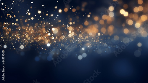 Festive Beautiful Navy Blue Background with golden bokeh lights. Winter Christmas Holiday Texture. generative AI
