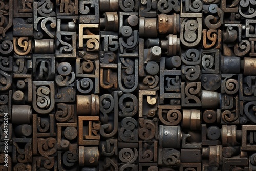 Letterpress background, close up of many old, random metal letters with copy space photo