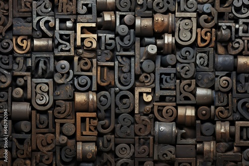 Letterpress background, close up of many old, random metal letters with copy space