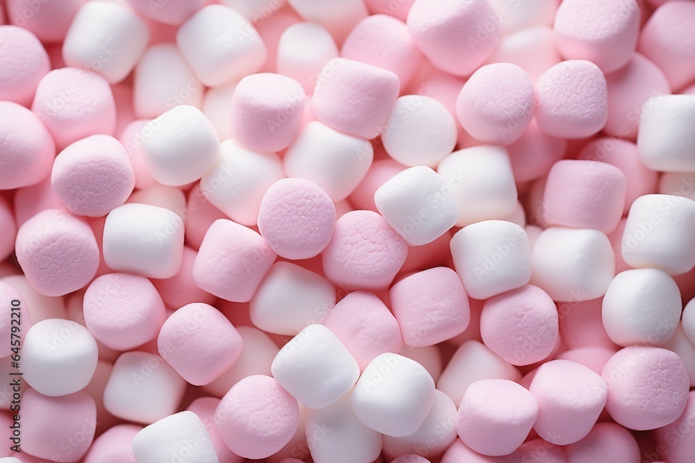 Mini marshmallows of white and light pink colors. Selective Focus. Flat lay Mini marshmallows of white and light pink colors. Selective Focus. Flat lay