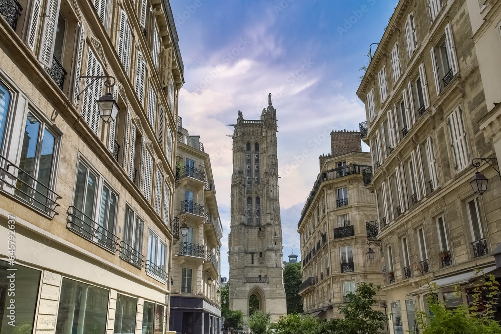 Paris, typical buildings, with the Saint-Jacques tower in the historical center
