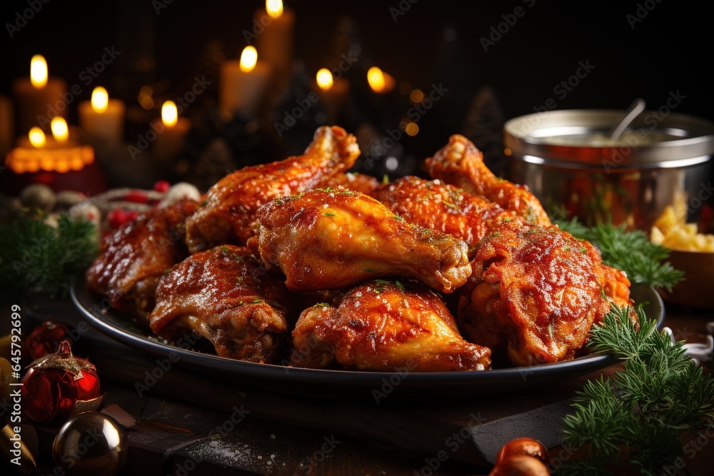 People hands taking the fried chicken wings by hands,Christmas night dinner People hands taking the fried chicken wings by hands,Christmas night dinner