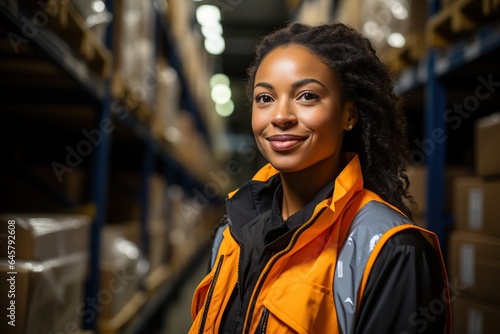 Engineer stands in a warehouse with a tablet computer and checks the statements for the presence of goods.Engineer with orange safety jacket and PPE walk audit in factory and warehouse. ai generative