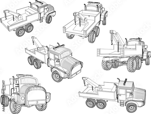 Vector sketch illustration of classic old retro tow truck design for transporting broken down cars