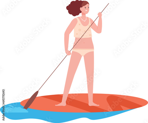 Sup surfing woman stand on board with paddle