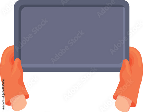 Baking tray in oven mitten hands. Cartoon cooking