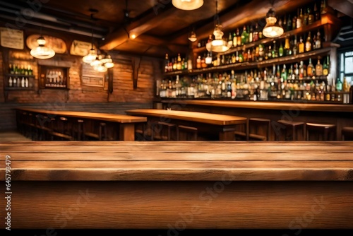 Empty wooden table over blurred background of bar or pub