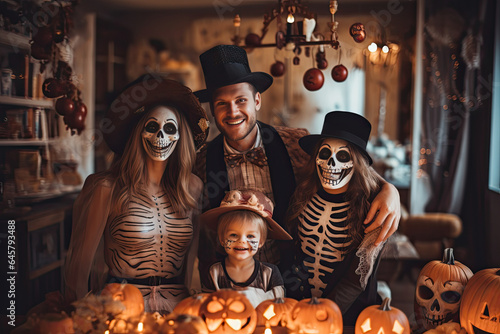 family portrait of a couple with their children dressed as skeletons for holloween, in the living room of their house with pumpkins and halloween decorations